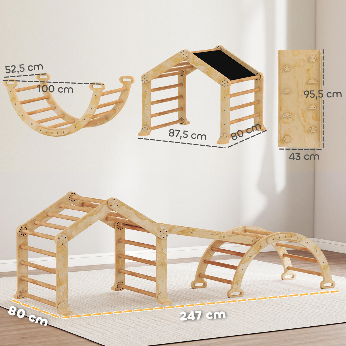 INDOOR-KLETTERGERÜST 9-in-1 Rampe Rutsche Leiter Schreibtafel - Naturfarben, Holz (52.5/48/100cm) - AIYAPLAY