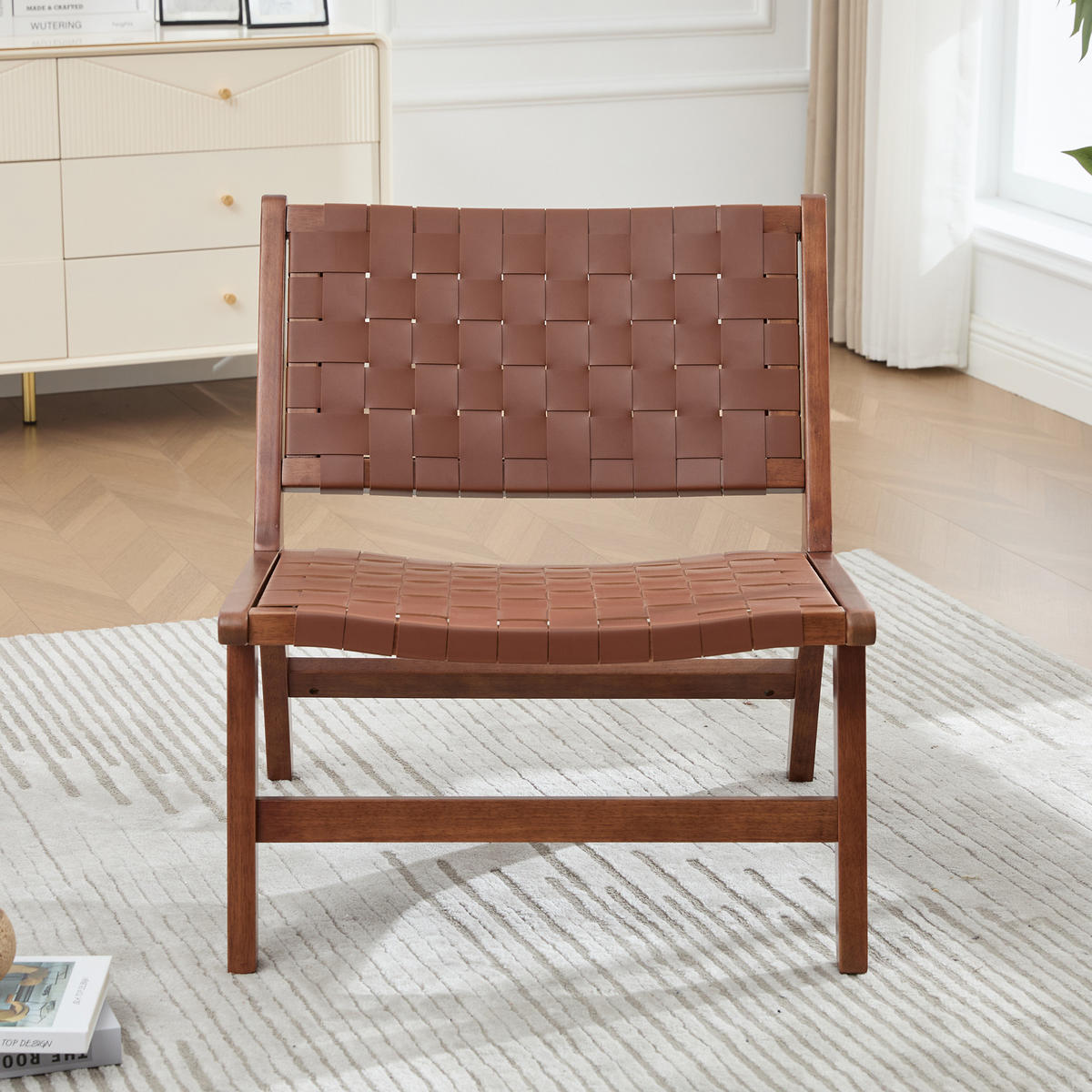SESSEL Braun PU-Geflecht Schachbrettmuster Holzgestell Ohne Armlehnen - Braun, Leder (71/72/66cm) - Urban Meuble