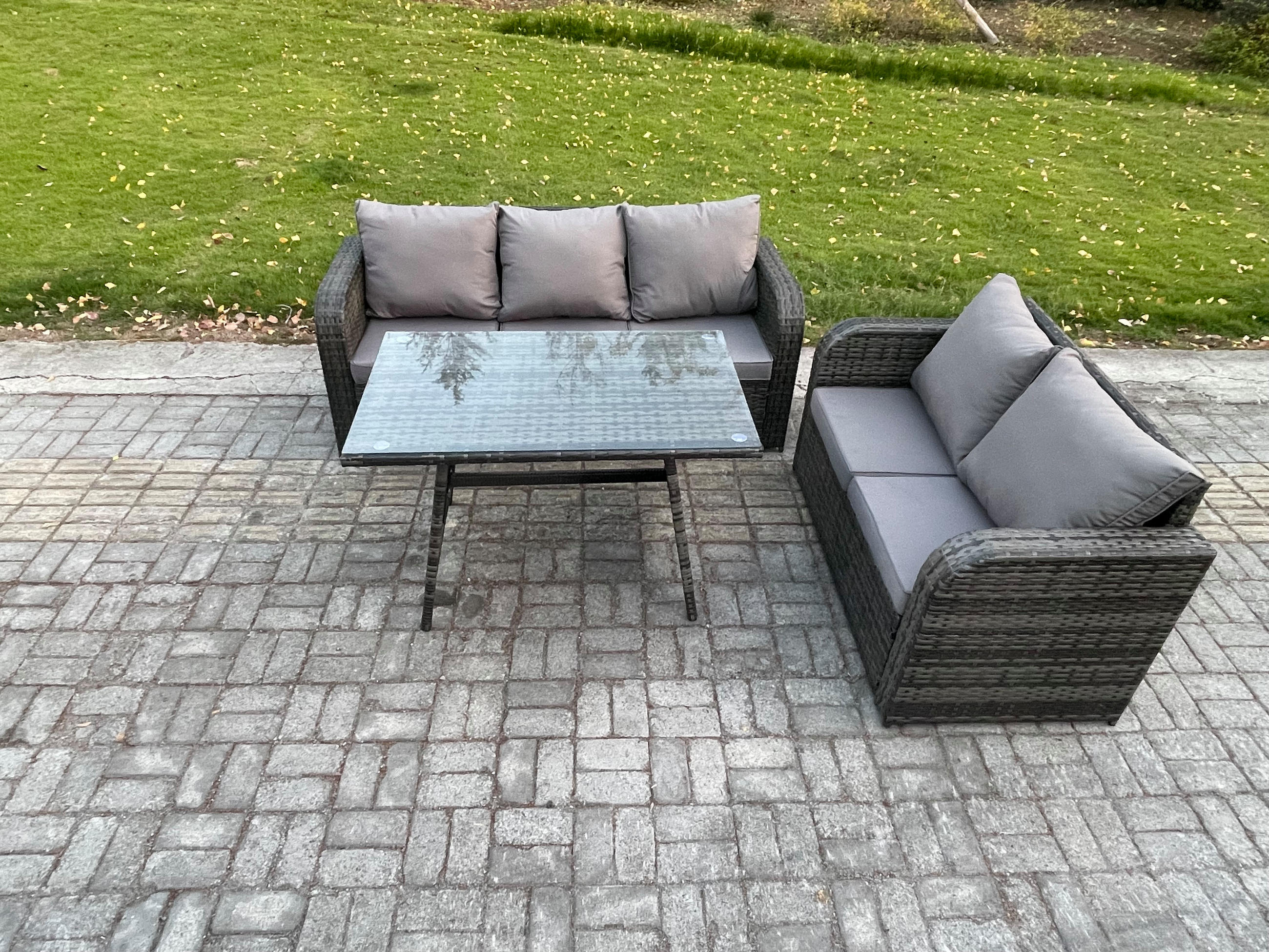 GARTENMÖBEL SET Polyrattan Dunkelgrau 5-Sitzer - Dunkelgrau/Grau, Glas/Kunststoff - Fimous