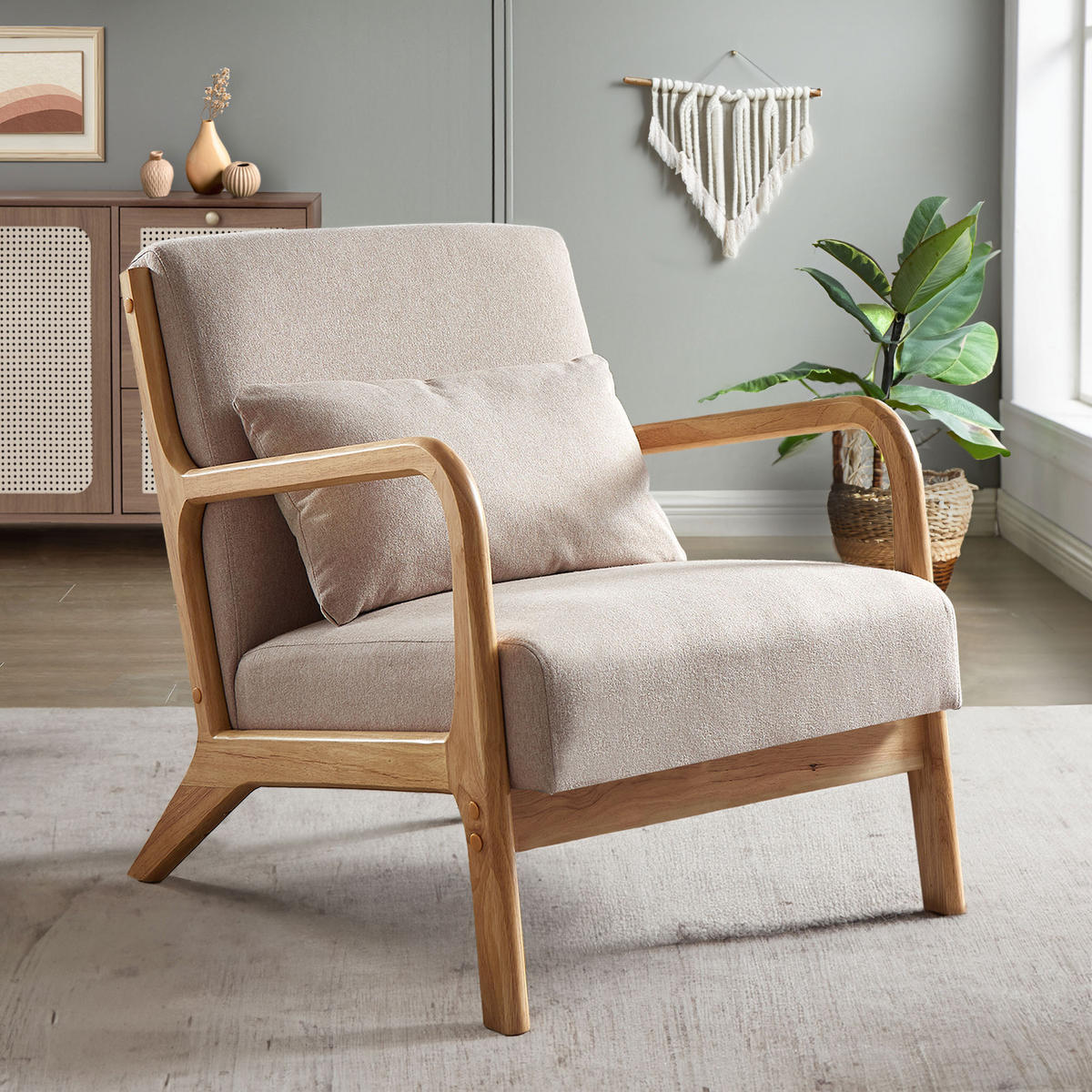 VINTAGE-SESSEL Marie Skandinavischer aus beigem Leinen und Holz - Beige/Akaziefarben, Holz/Textil (65/74/84cm) - Sicaan