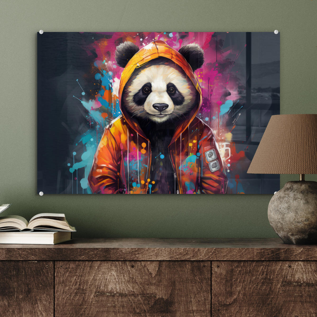 ACRYLGLASBILD Panda - Jacke - Graffiti - Orange 60x40 cm - Orange, Glas (60/40cm) - MuchoWow