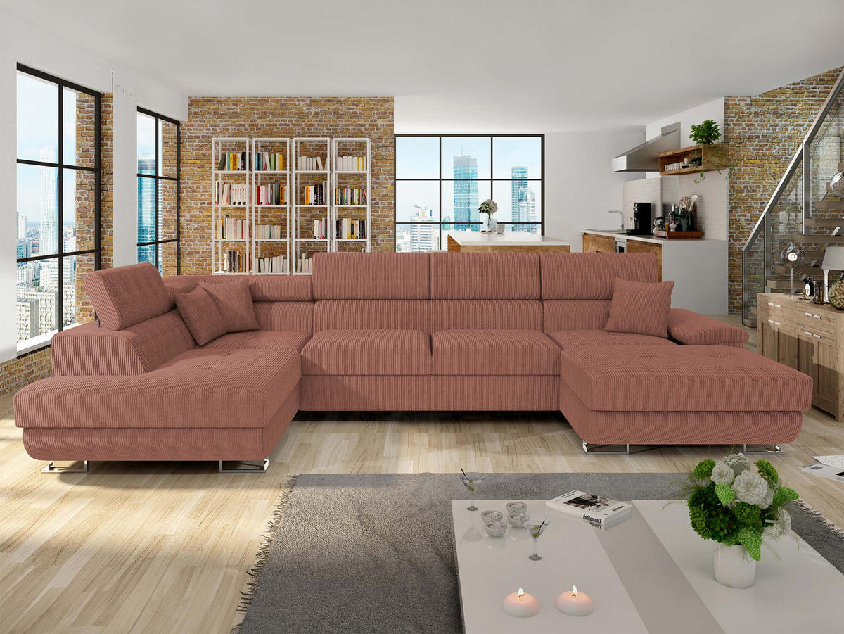 WOHNLANDSCHAFT Cotere Bis Cord, Seite: Links - Rosa, Holz (345/91/202cm) - MIRJAN24