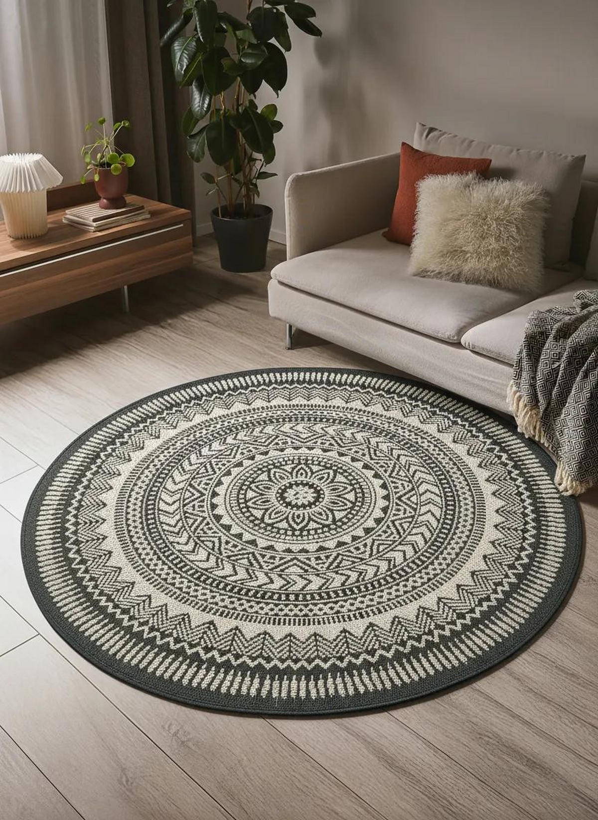 OUTDOORTEPPICH Metro Schwarz/Weiß ø 120 cm rund - Schwarz, Textil (120/120cm) - benuta Nest