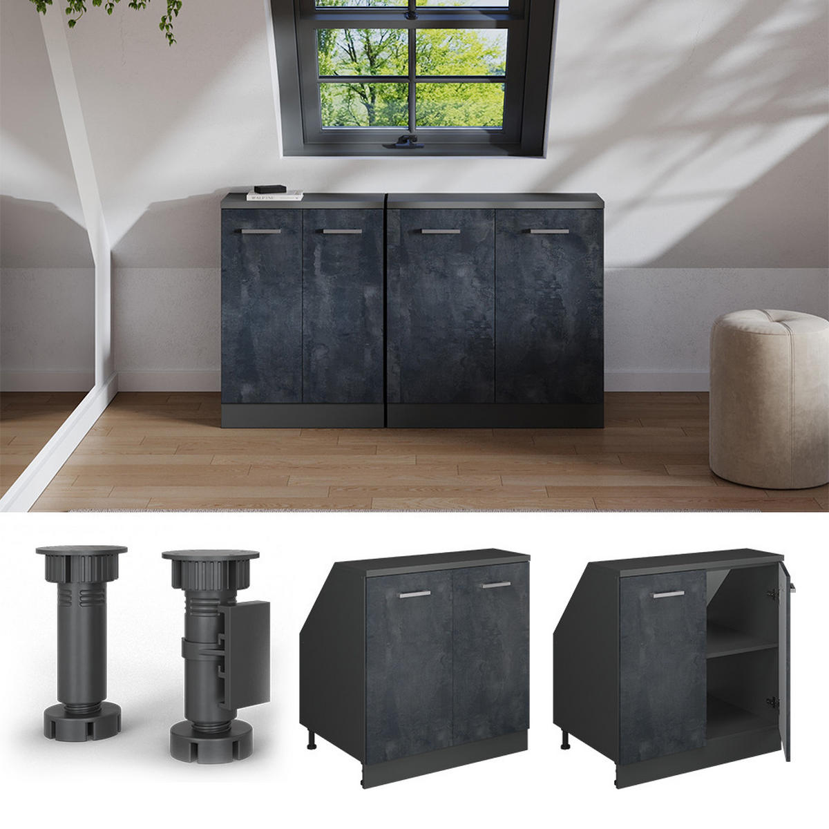ORMARIĆ ZA KOSI KROV S VRATA Rion Crni Beton 80 x 81.6 cm s 2 vrata, korpus ormara dubine 60 cm - crna/antracit, drvni materijal (80/83.8/60cm) - Vicco