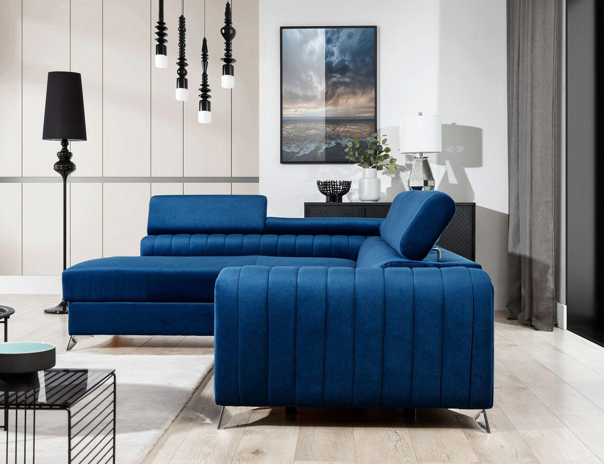 ECKSOFA Laurence mit Schlaffunktion & Bettkasten – 278 x 205 cm, verstellbare Kopfstützen - Blau, Kunststoff (278/205cm) - Wohnideebilder