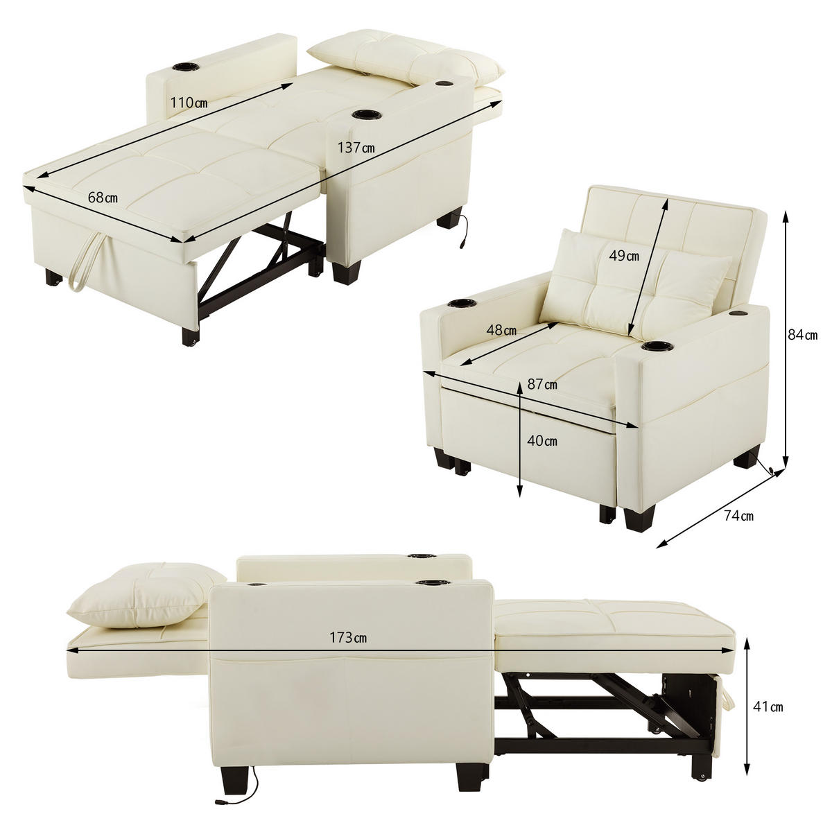 SESSEL 3-in-1 Ausziehbar mit Getränkehaltern und USB-Anschluss Weiß Holz-Metall 90/90/90 cm - Weiß, Holz (74/84/87cm) - OKWISH