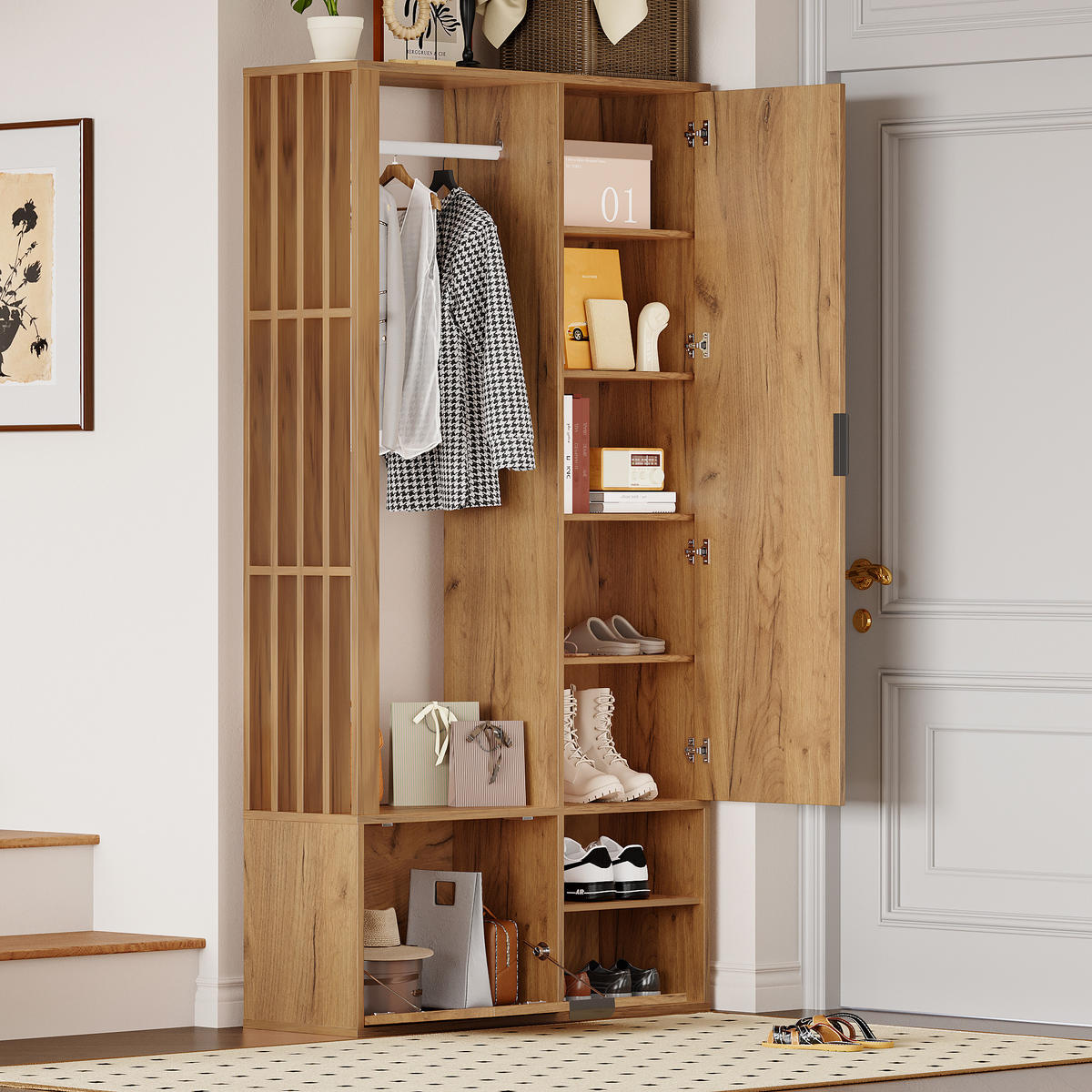 GARDEROBENSCHRANK 6 in 1 Spiegel 100cm Flur Holzfarbe - Naturfarben, Holzwerkstoff (100/190/33cm) - FLIEKS