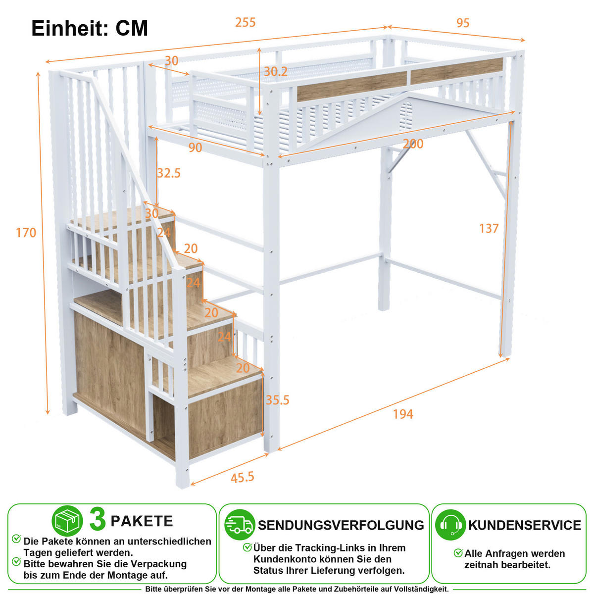 HOCHBETT 90/200 cm in Weiß mit Stauraum und Fensterdesign - Weiß/Naturfarben, Holz/Holzwerkstoff (90/200cm) - CHICFURN