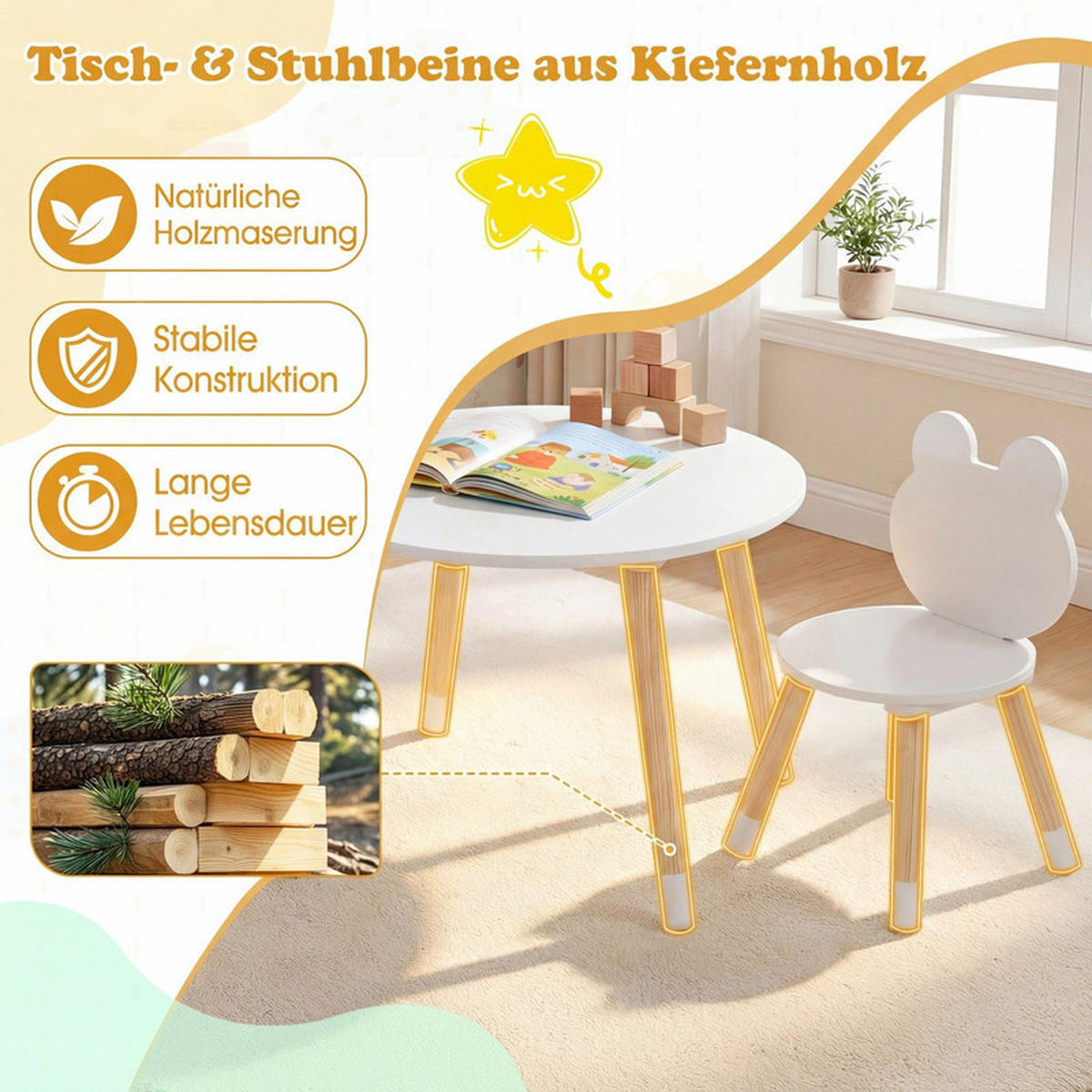 KINDERTISCH mit stuhl weiß(3-tlg) - Weiß, Holzwerkstoff (60/44/60cm) - COSTWAY