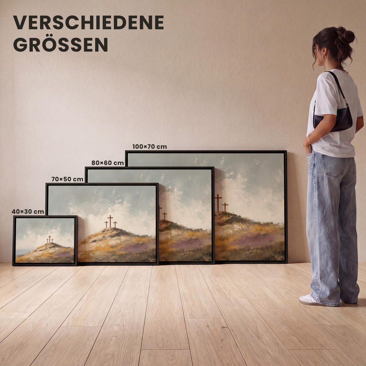 LEINWAND Bilder mit Rahmen - Hügel - Abstrakt - Christentum - Kreuz - 100x70 - Hellgrau, Textil (100/70cm) - MuchoWow