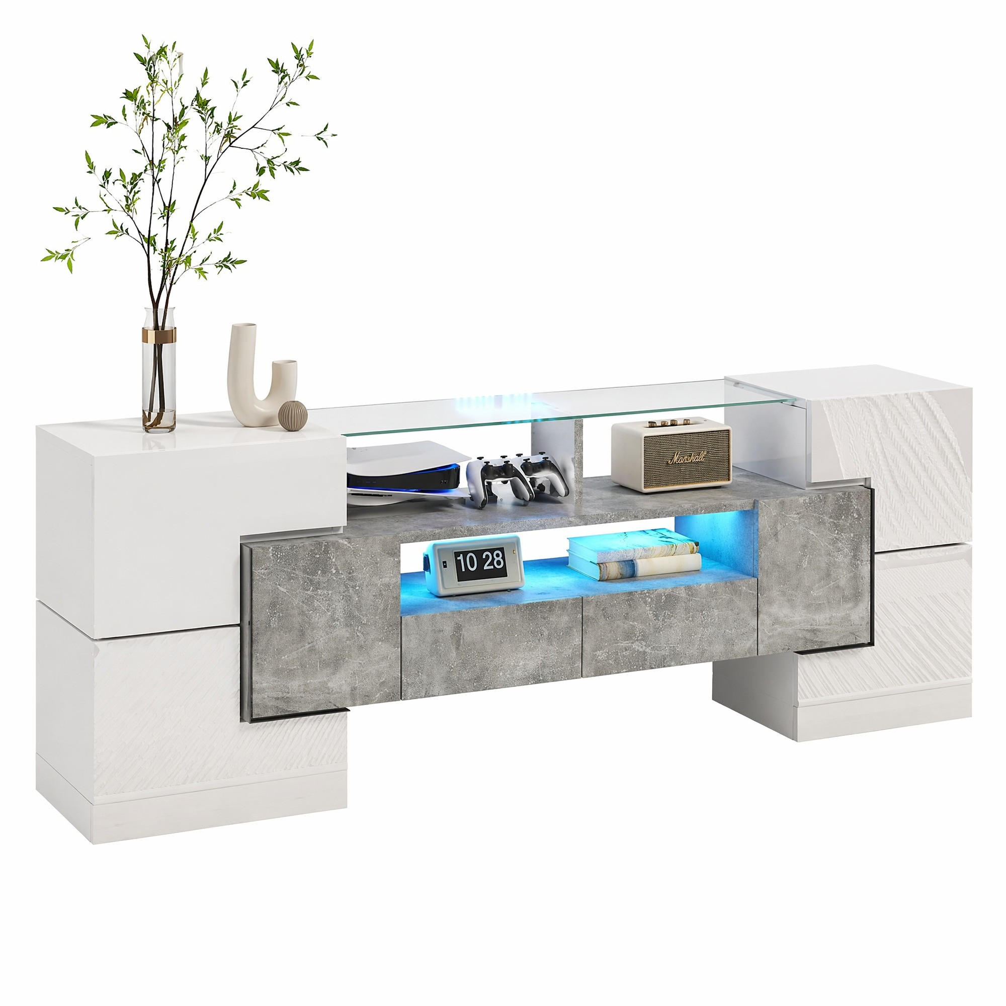 LOWBOARD in Weiß TV Schrank mit LED, hochglänzend, Glasoberfläche für Wohnzimmer, 145/B30/H51cm - Weiß, Glas/Holzwerkstoff (145/51/30cm) - STILVORA