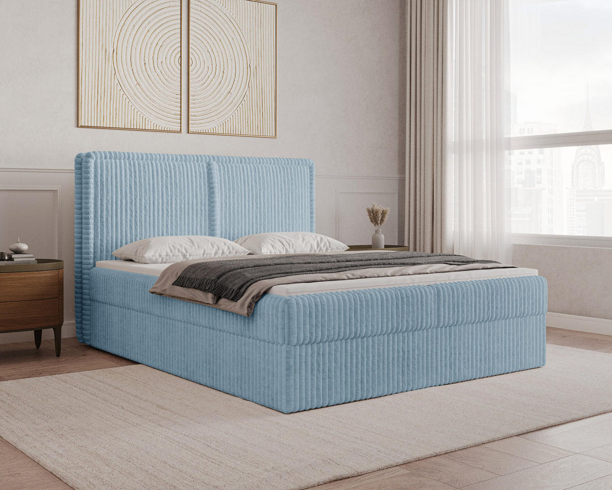 BOXBETT 04 140 x 200 cm - Ambience – Modernes Polsterbett mit Bettkasten, Topper und gepolstertem Kopfteil, Stoffbezug, Stauraumbett - Hellblau, Holz (140/200cm) - ROYAL24_MARKT