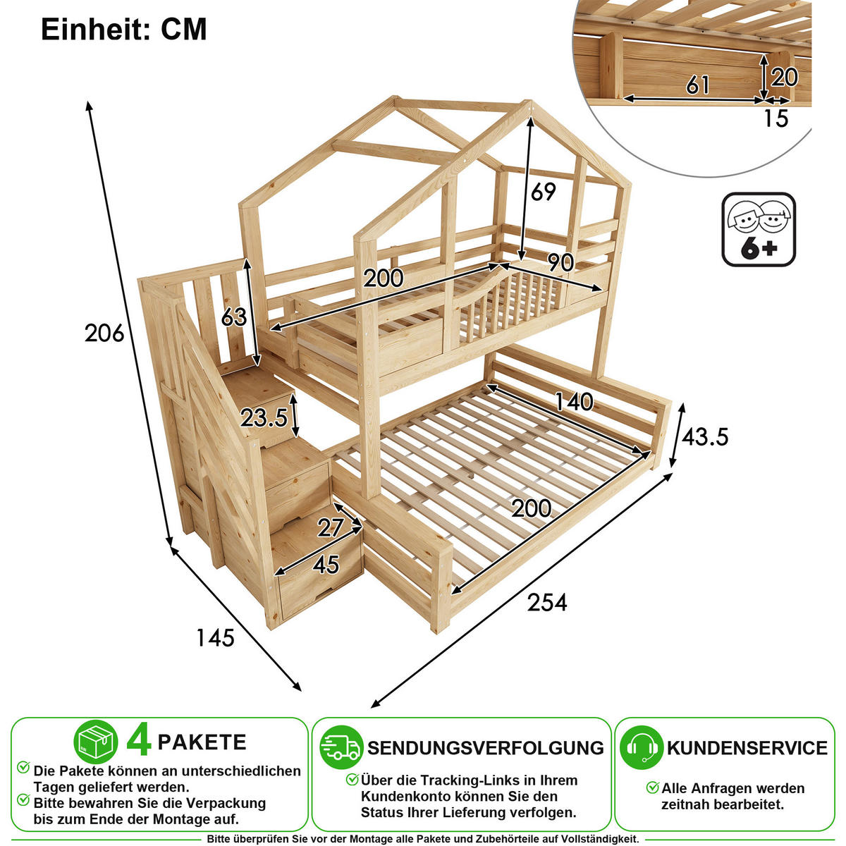 PATROVÁ POSTEL 90/200 cm & 140/200 cm v béžové a přírodní barvě s úložným schodištěm - přírodní, dřevo/kompozitní dřevo (90/200cm) - CHICFURN