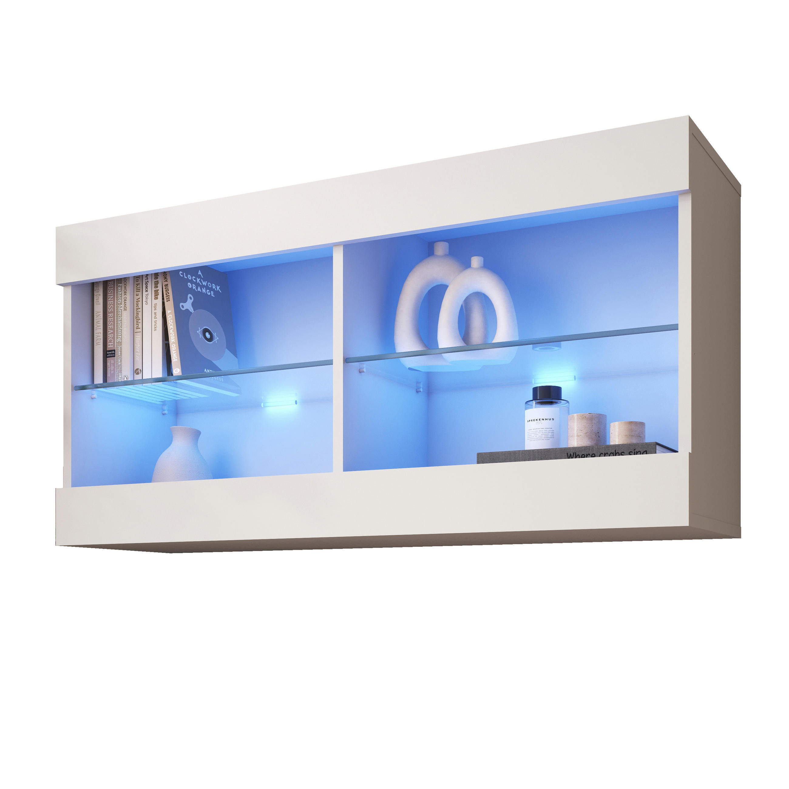 HÄNGEVITRINE TIVOLI HORIZONTAL 100, Weiss, LED Blau - Weiß, Glas/Holzwerkstoff (100/50/29.5cm) - Komodee