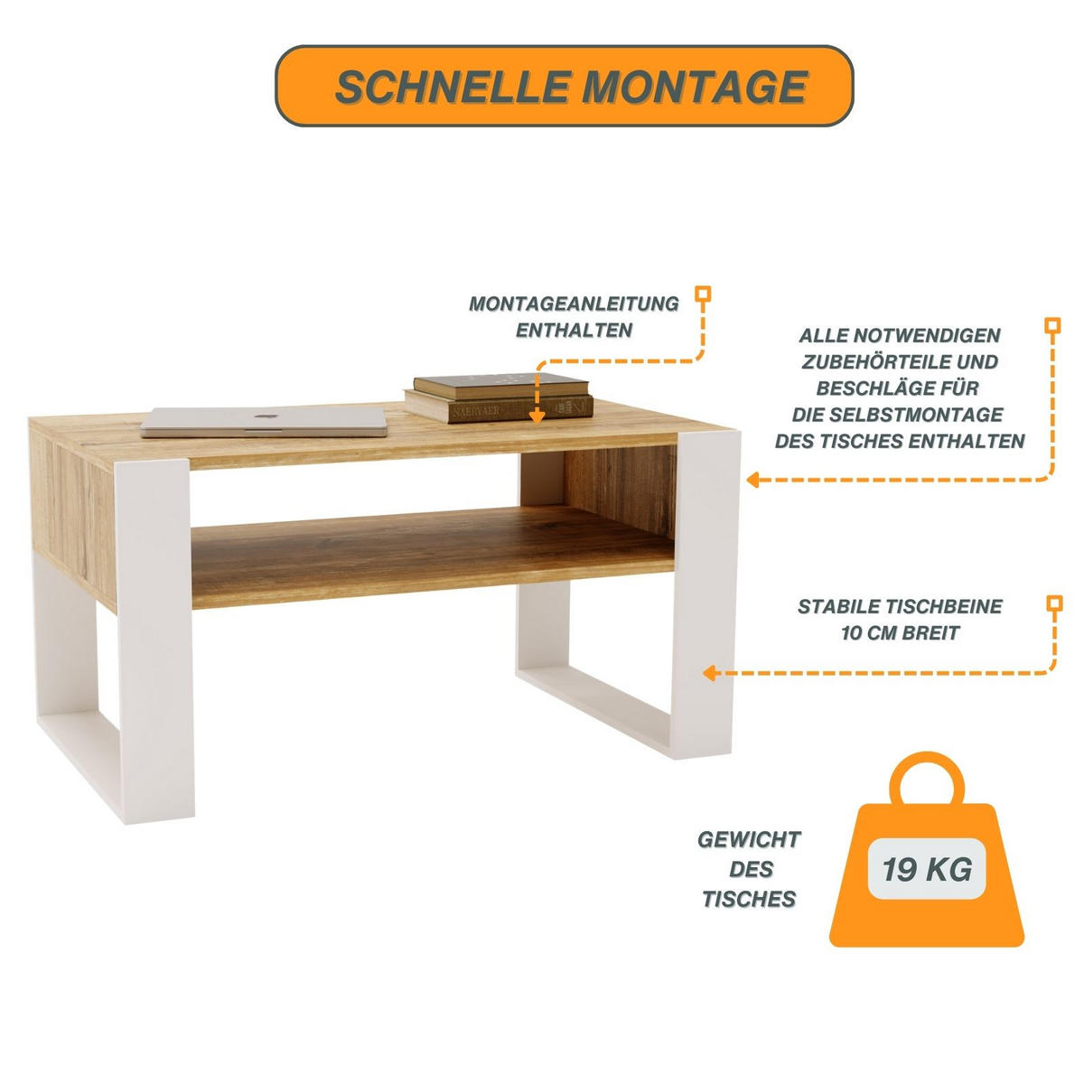 COUCHTISCH Karo92 92/45/53,6 - Kiefer Milford/Weiß, Holzwerkstoff (54/92/45cm) - RAUMHIRSCH FURNITURE