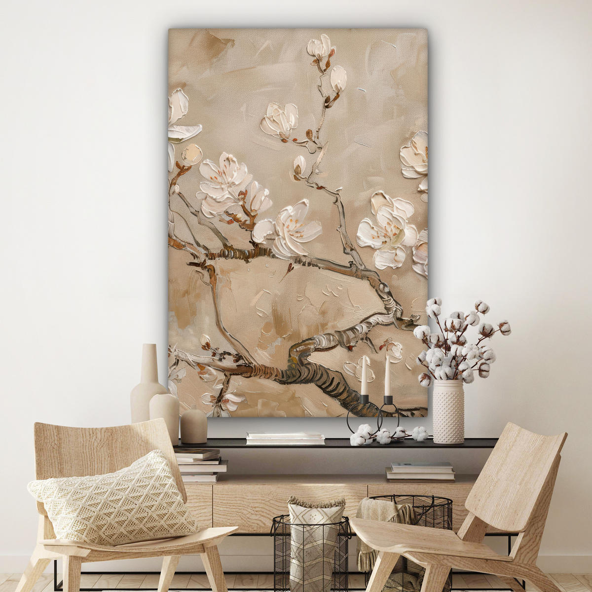 LEINWANDBILD Blumen - Modern - Beige - Weiß - Blüte Deko Groß 90x140 cm - Beige, Textil (90/140cm) - MuchoWow