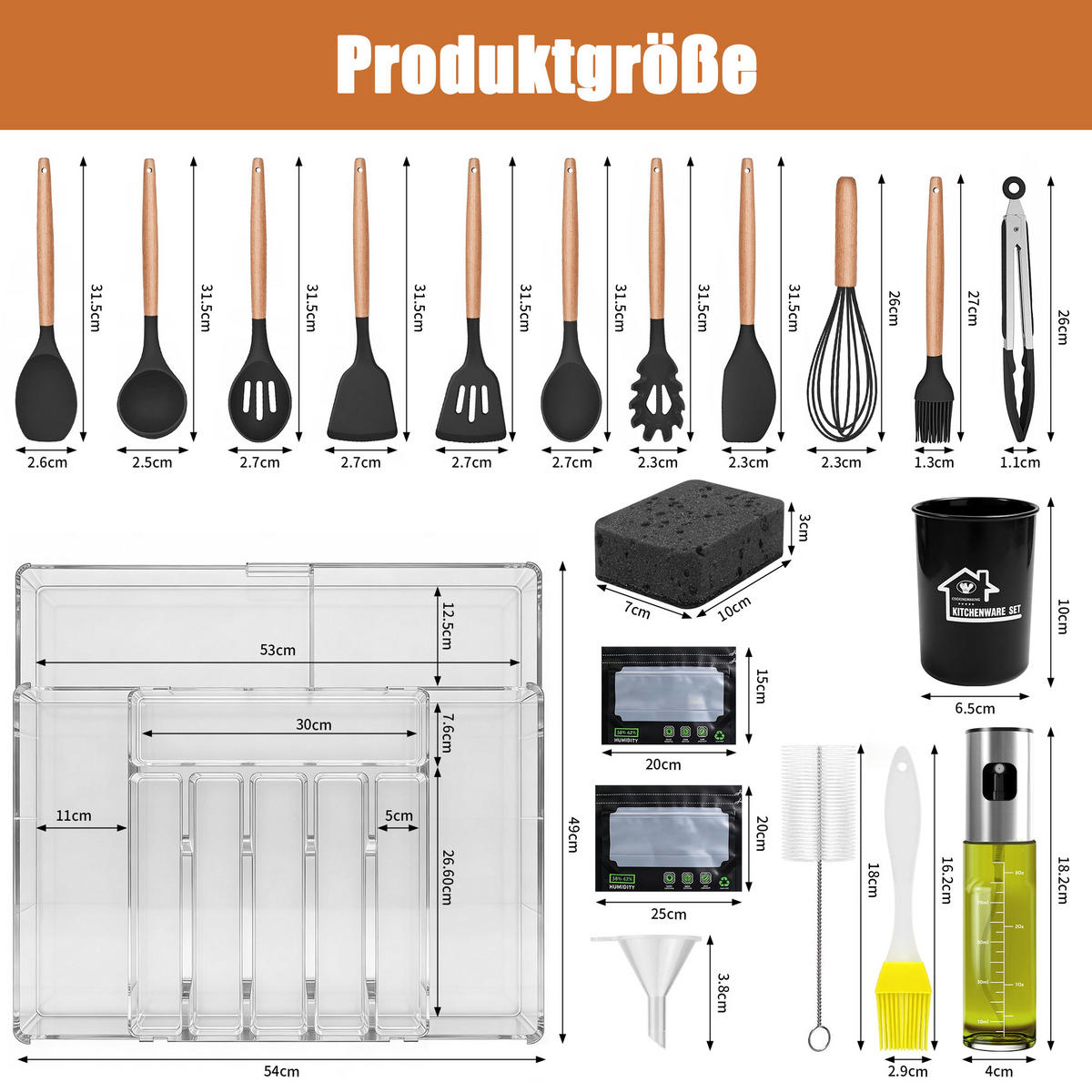 KÜCHENHELFER-SET, praktisches Küchenutensilien‑Set mit Kochbesteck, Reinigungsschwämmen und Aufbewahrungszubehör für den Haushalt - Schwarz, Kunststoff - Joyfair