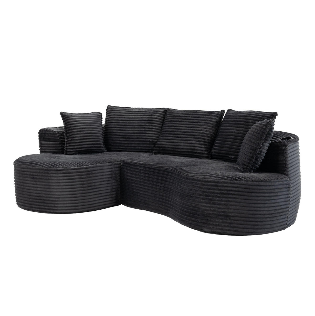 ECKSOFA aus Cord 250x152x82 cm Dunkelgrau mit Getränkehaltern, Seitentaschen und Kissen im Bogendesign - Dunkelgrau, Textil (250/152cm) - Modfu