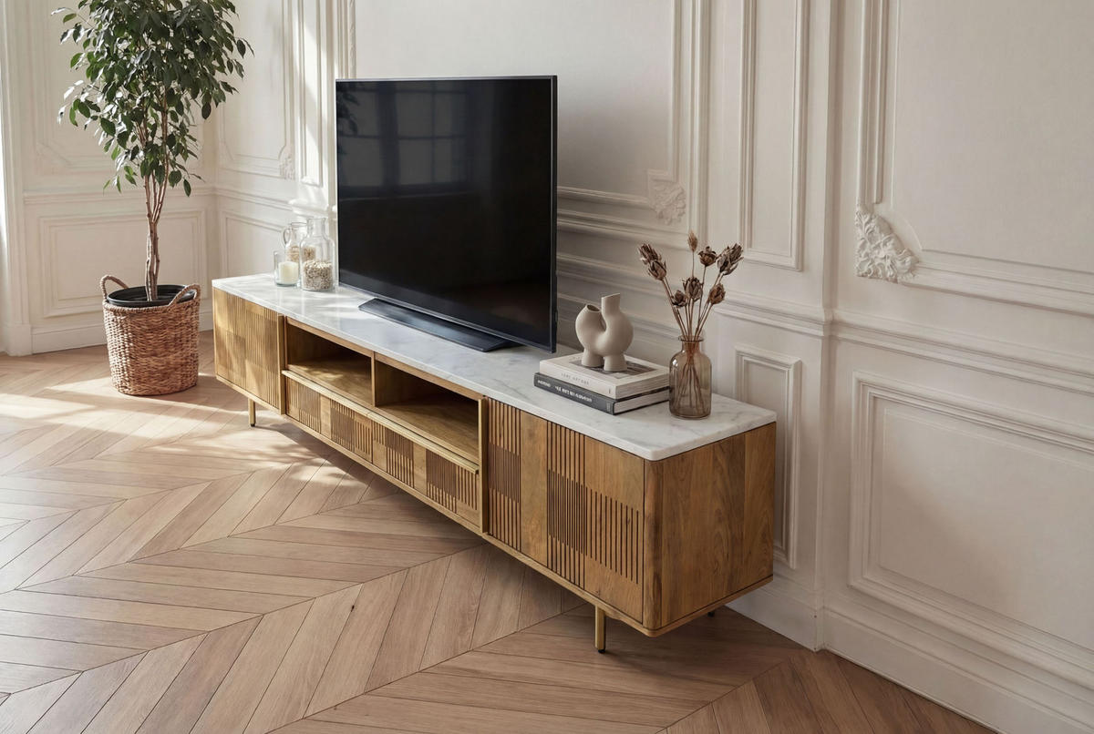 TV-BOARD Mango 220x40x50 hellbraun geölt / Marmor weiß MIAMI #106 - Braun, Holz (40/50/220cm) - Massivmoebel24