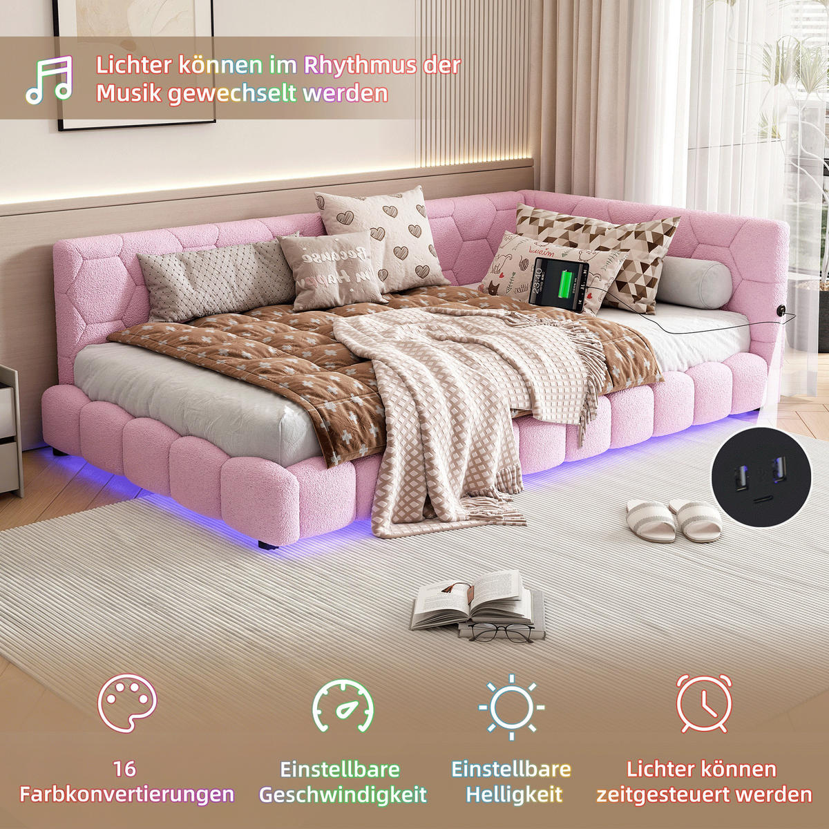 DAYBETT 90x200 cm LED USB rosa - Rosa, Textil (90/200cm) - Fortuna Lai