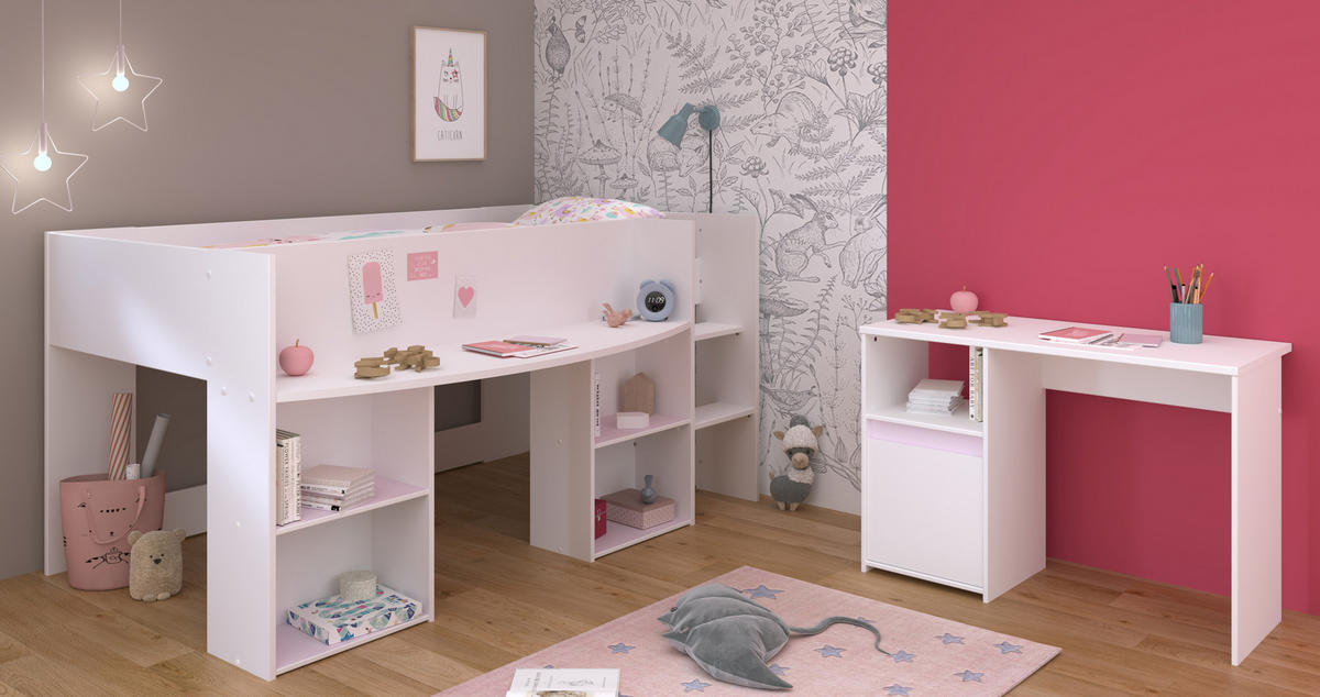 JUGENDZIMMER Pirouette 17 in Weiß mit Rosa oder Kieselgrau 2 teilig mit Hochbett - Weiß, Holzwerkstoff (120/200/80cm)