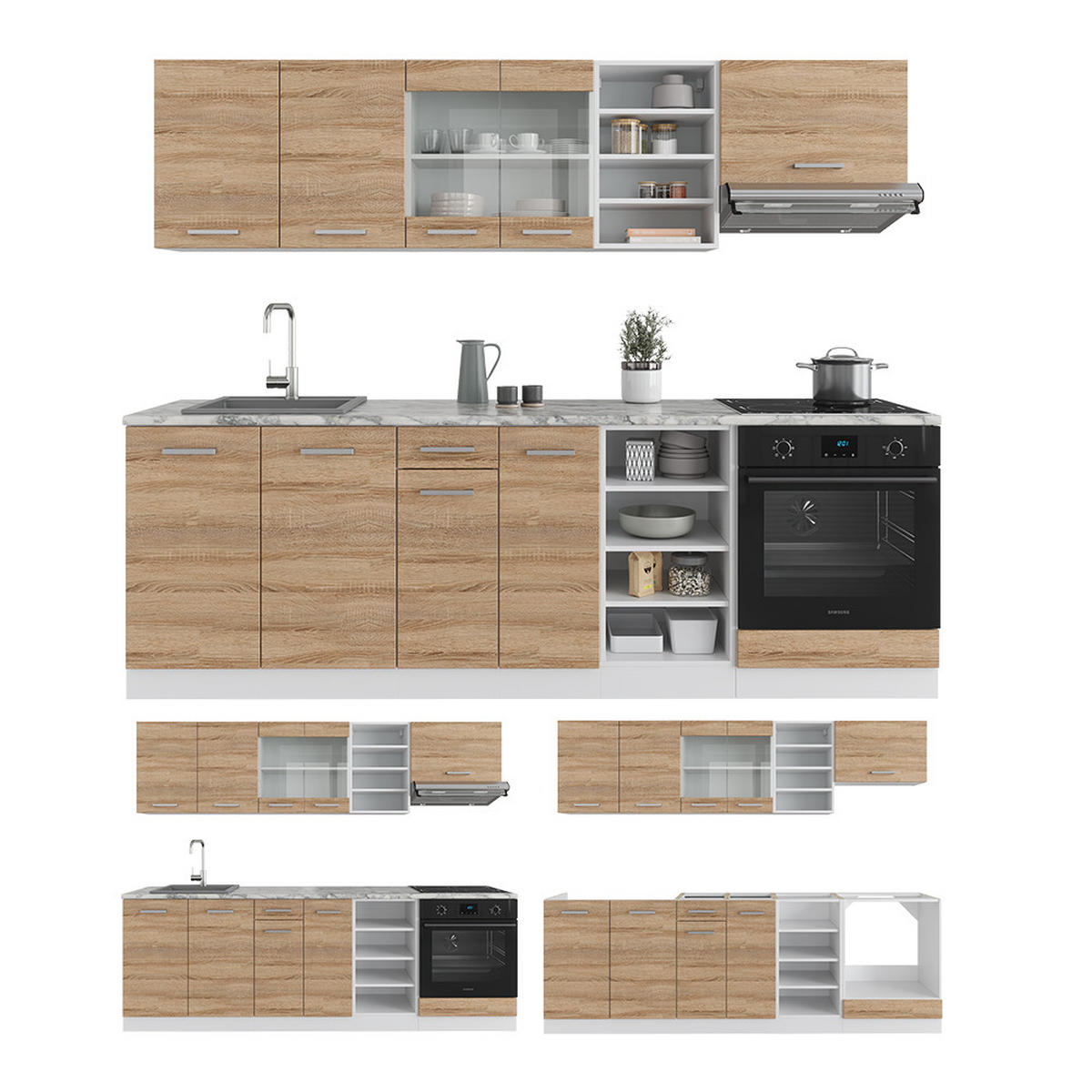 KÜCHENZEILE R-Line Sonoma/Weiß 240 cm, AP Eiche - Weiß/Sonoma Eiche, Holzwerkstoff (240/81.6/60cm) - Vicco