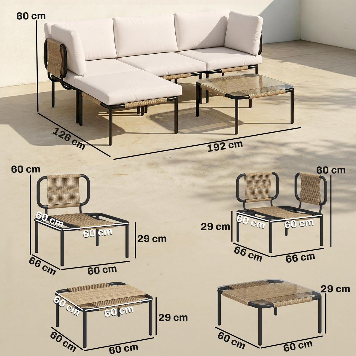 RATTAN-GARTENMÖBEL-SET 5er Set PE-Rattan Stahl Khaki - Beige/Schwarz, Textil/Metall - Outsunny