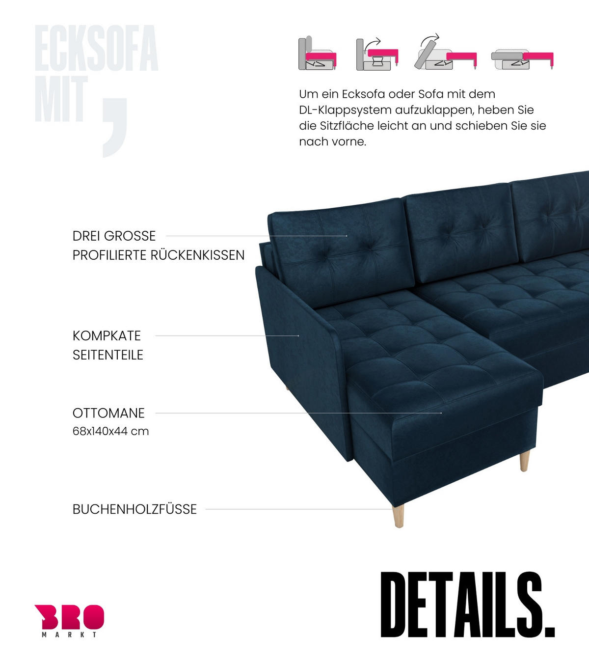 ECKSOFA Fado mit Schlaffunktion Blau Samtstoff - Blau, Textil (210/141cm) - Bromarkt