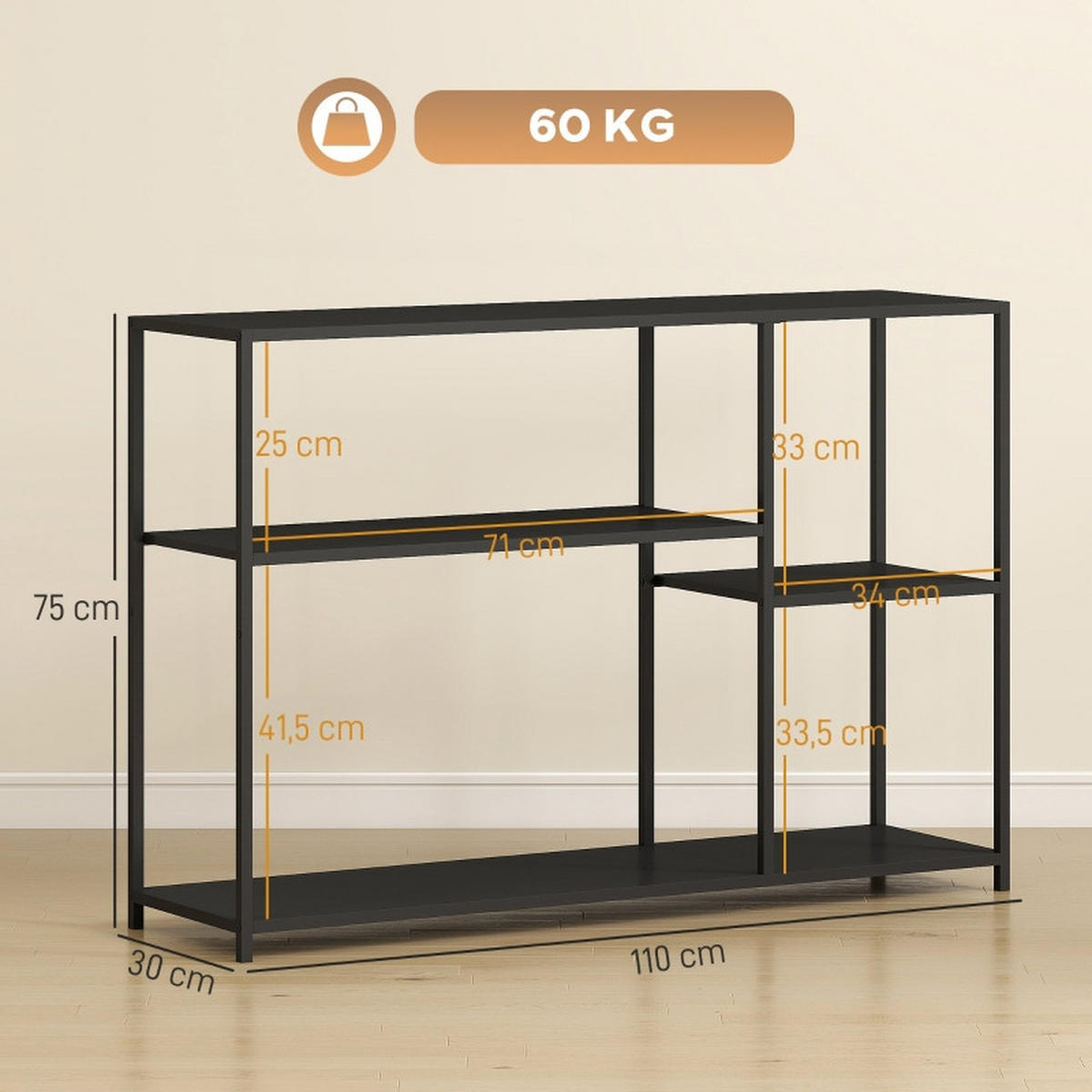 KONSOLENTISCH 110/30/75 cm Schwarz aus Stahl mit 4 Ablagen - Schwarz, Metall (30/110/75cm) - OKWISH