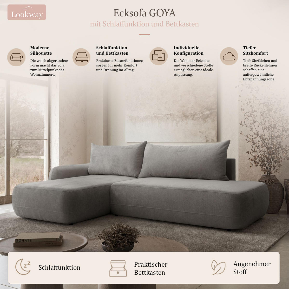 ECKSOFA GOYA mit Schlaffunktion und Bettkasten, Linke, Perfect Harmony 85 - Hellgrau, Textil (184/302cm) - Lookway