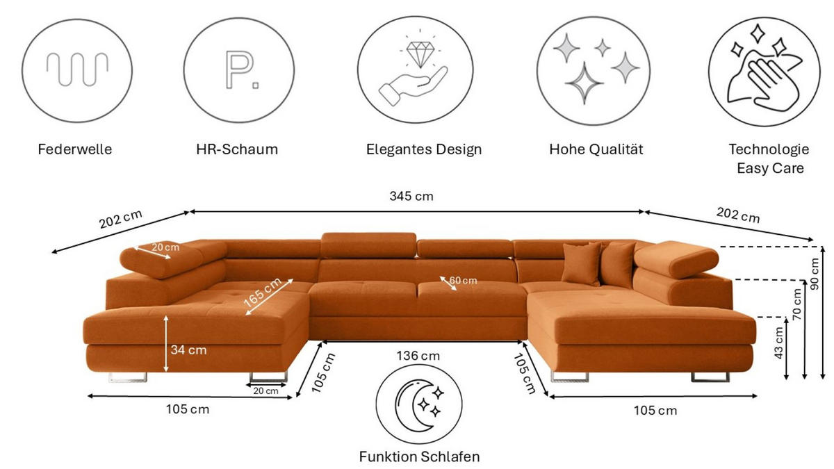 ECKSOFA Falio U-förmiges mit Schlaffunktion und Kopfstützen Velours Orange - Orange, Holz/Textil (202/345cm) - Kaiser Möbel
