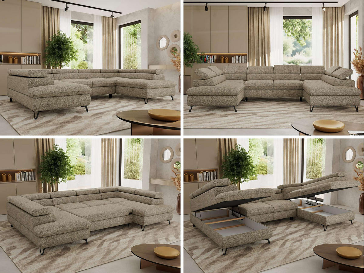 WOHNLANDSCHAFT PABLO U Strukture Dunkelbeige mit Topper T25 - Greige/Schwarz, Textil/Metall (346/76/208cm) - MKS