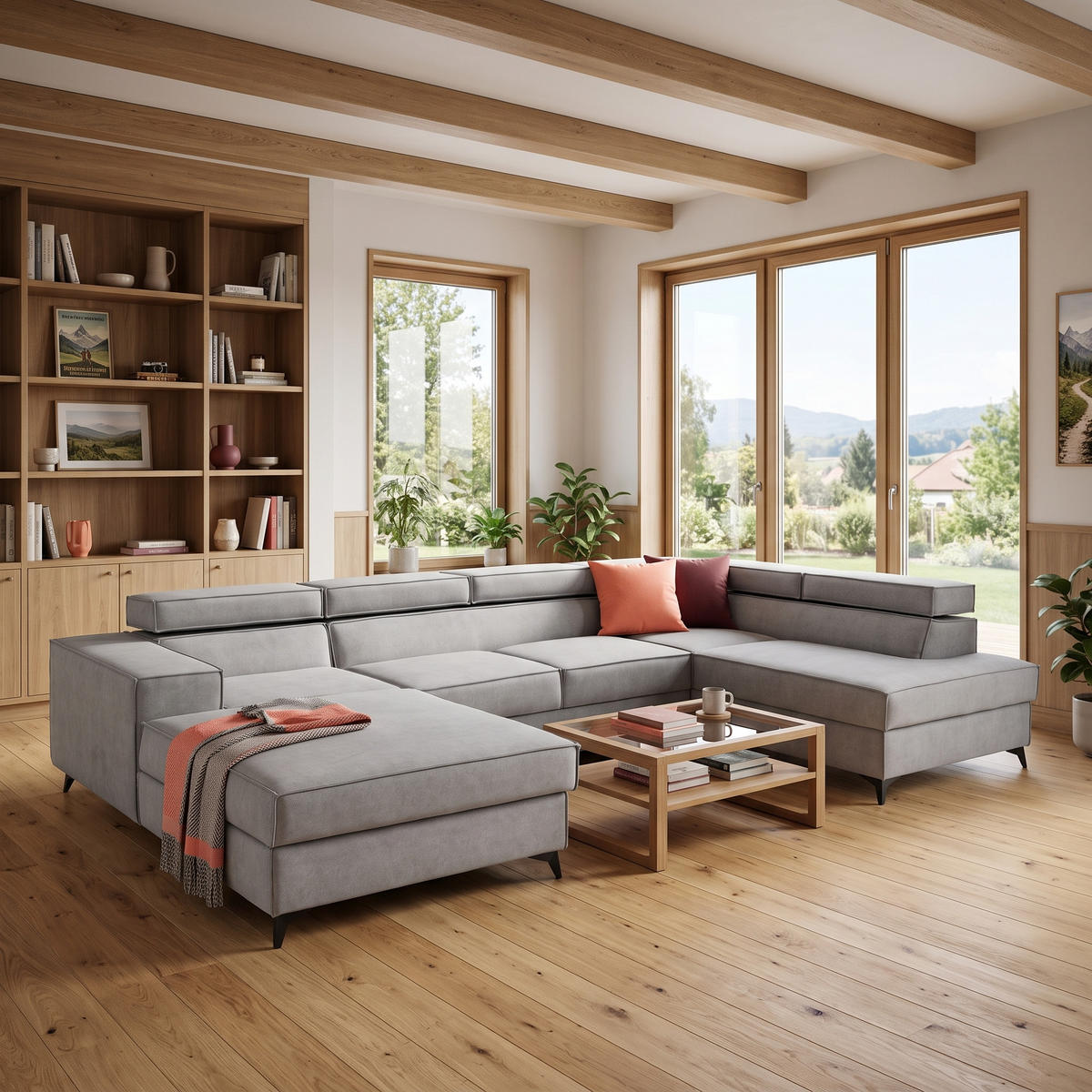 ECKSOFA PURE U Rechts mit Schlaffunktion 127x270 Velours Hellgrau - Hellgrau/Schwarz, Holz/Textil (204/340cm) - Muffo