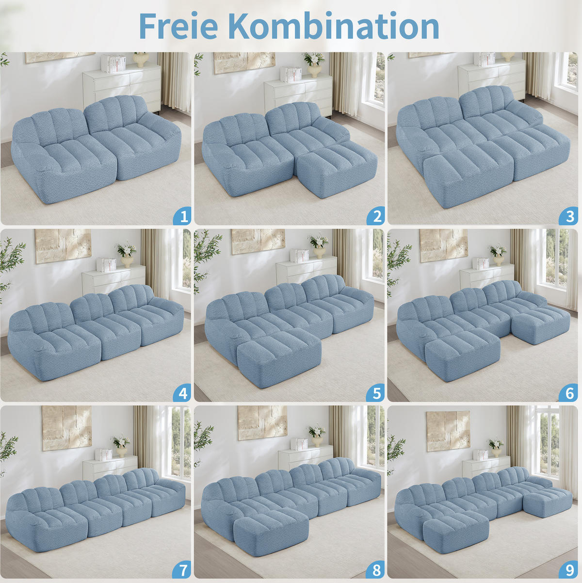 SOFA in Blau mit Ottoman aus Fleece - Blau, Textil (165/79/210cm) - Flora Grace