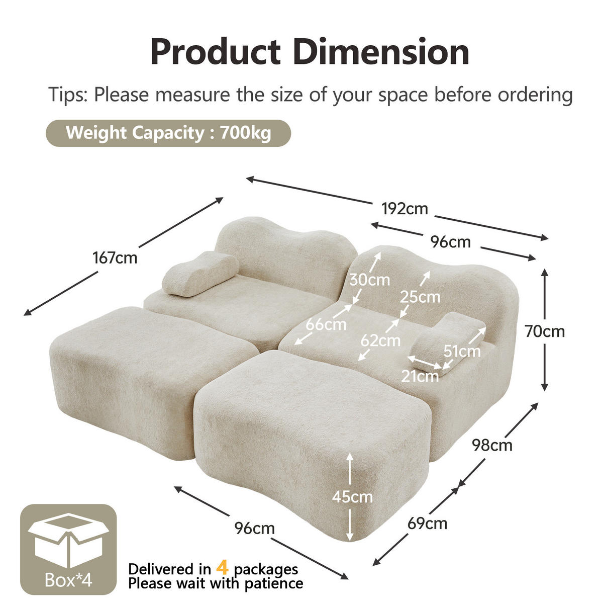 SOFA modular Samt Beige mit Hocker - Beige, Holzwerkstoff (167/70/192cm) - Meubliv