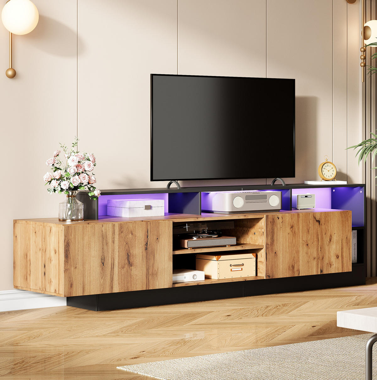 TV-SCHRANK mit LED 190 x 40 x 48,5 cm Spanplatte Black/Oak - Schwarz, Holzwerkstoff (190/48.5/40cm) - Beauniv