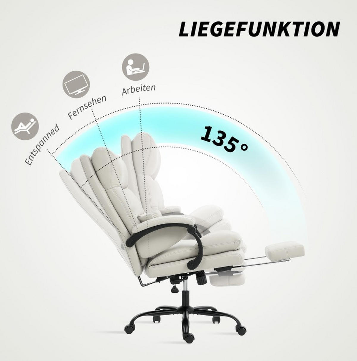 BÜROSTUHL höhenverstellbar mit Fußstütze Kunstleder Light Gray - Hellgrau, Kunststoff (60/121/66cm) - Meubliv