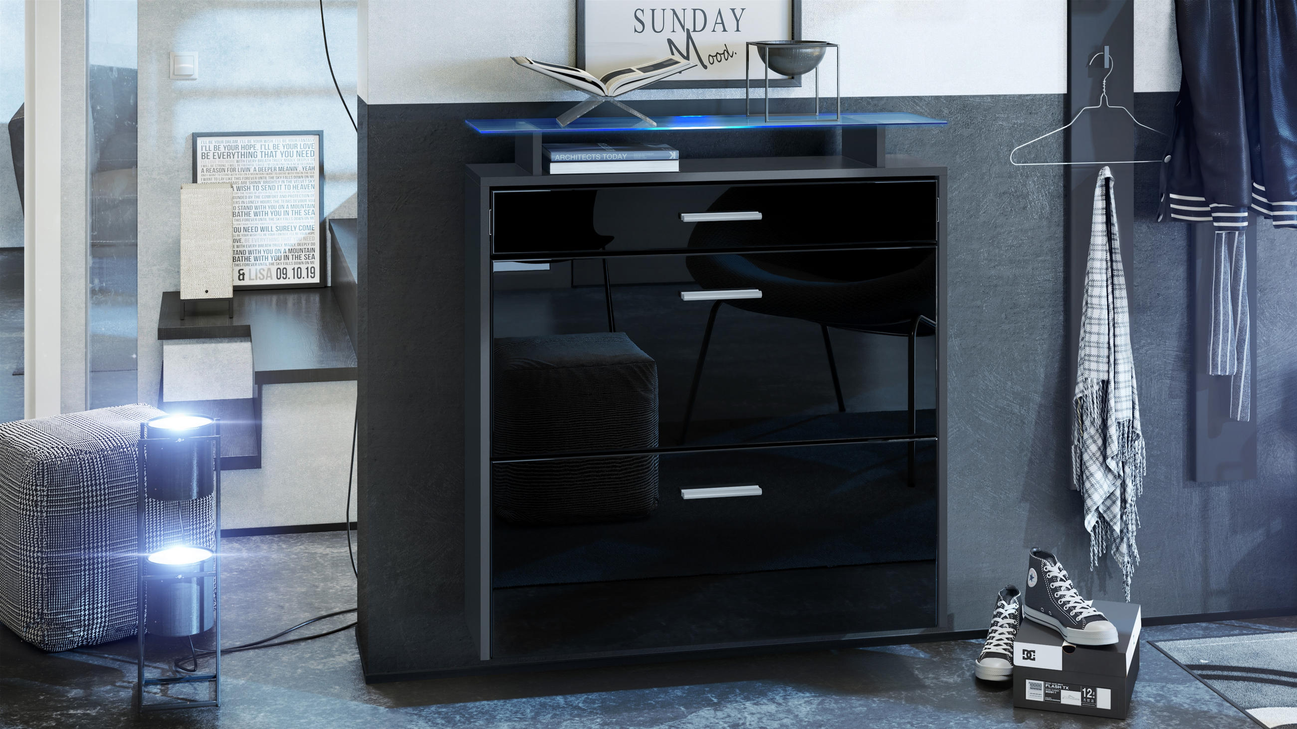 SCHUHSCHRANK Malea Fronten in Schwarz Hochglanz - Schwarz Hochglanz, Holzwerkstoff (89/96/23cm) - Vladon