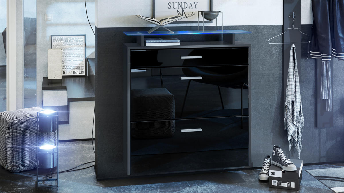 SCHUHSCHRANK Malea Fronten in Schwarz Hochglanz - Schwarz Hochglanz, Holzwerkstoff (89/96/23cm) - Vladon