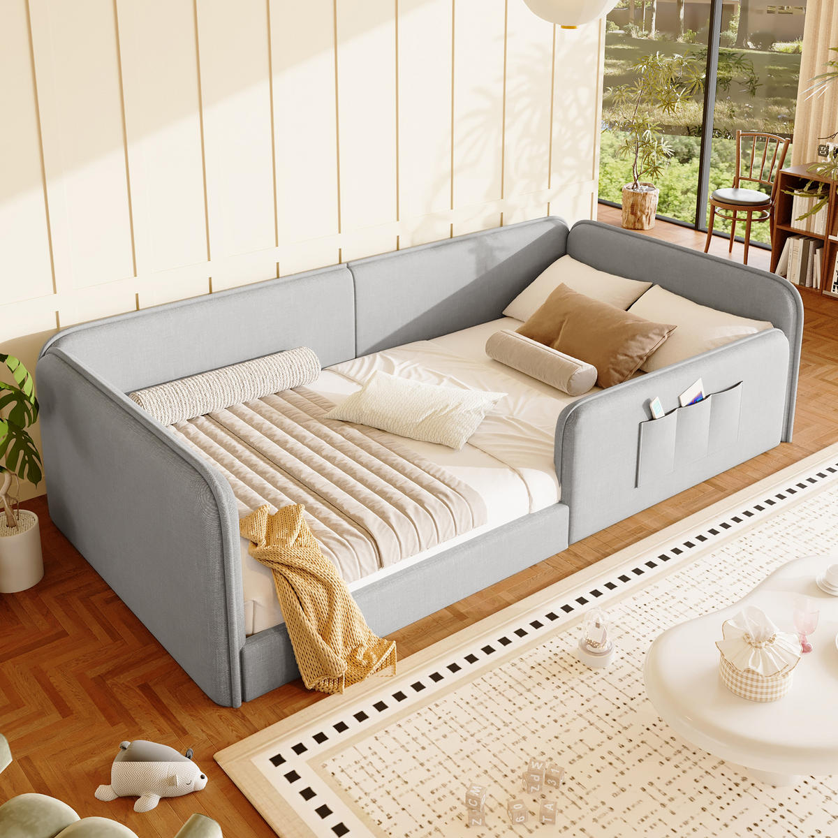 POLSTERBETT 90/200 cm in Grau mit Leinenbezug, Schaumstoffpolsterung, Rundum-Sicherheitsrahmen und Aufbewahrungstaschen - Grau, Holzwerkstoff/Textil (90/200cm) - STILVORA