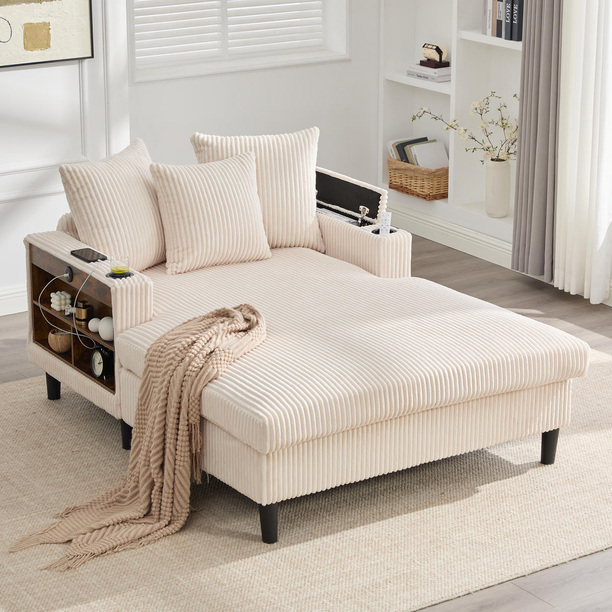 CHAISELONGUE Cord Beige mit LED, Stauraum und USB - Beige, Kunststoff/Textil (129/70/170cm) - WISHDOR