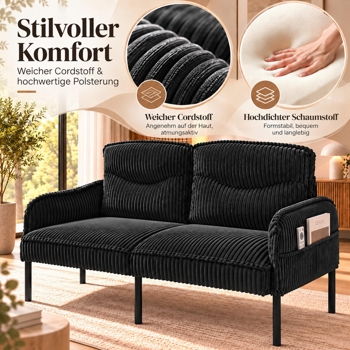 2-SITZER Sofa 122/73/83 cm Cordstoff mit Seitentaschen und Metallbeinen Schwarz - Schwarz, Textil/Metall (73/83/122cm) - Redom