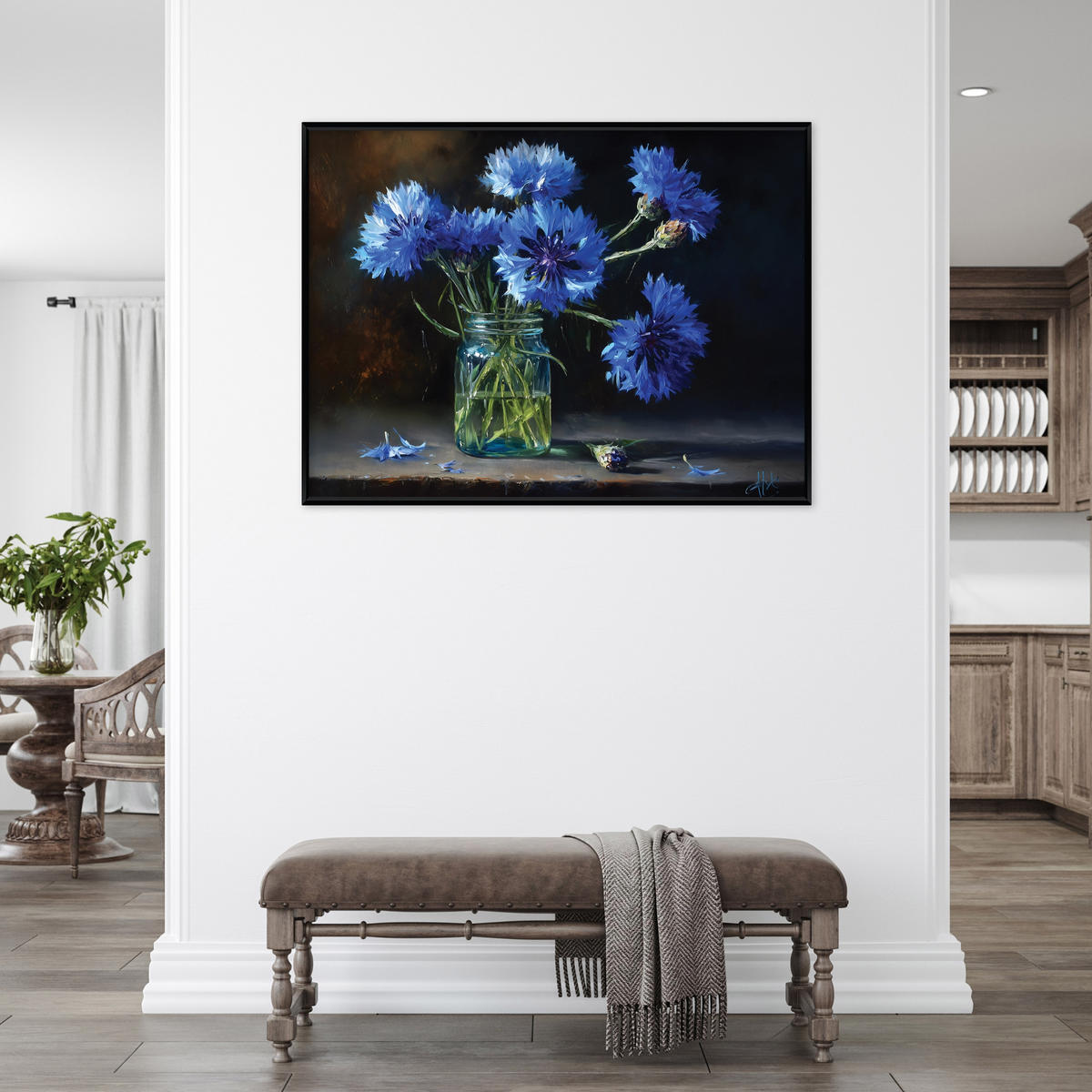 BILDER mit Rahmen Blumen in einer Vase Vintage Blau 120x80 cm - Multicolor, Holzwerkstoff (120/80cm) - Wallarena