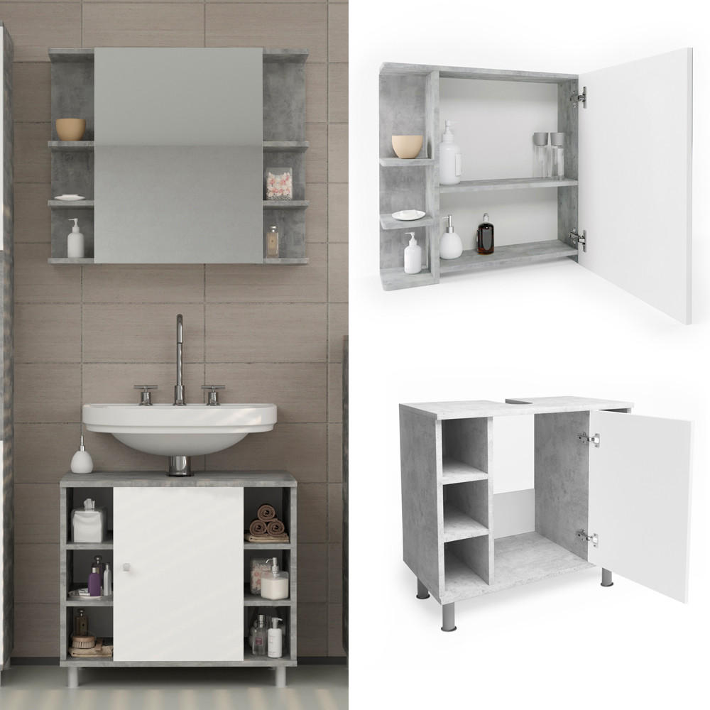 BADMÖBEL-SET Fynn Beton 2 Teile - Weiß/Grau, Holzwerkstoff (60/54/32cm) - Vicco