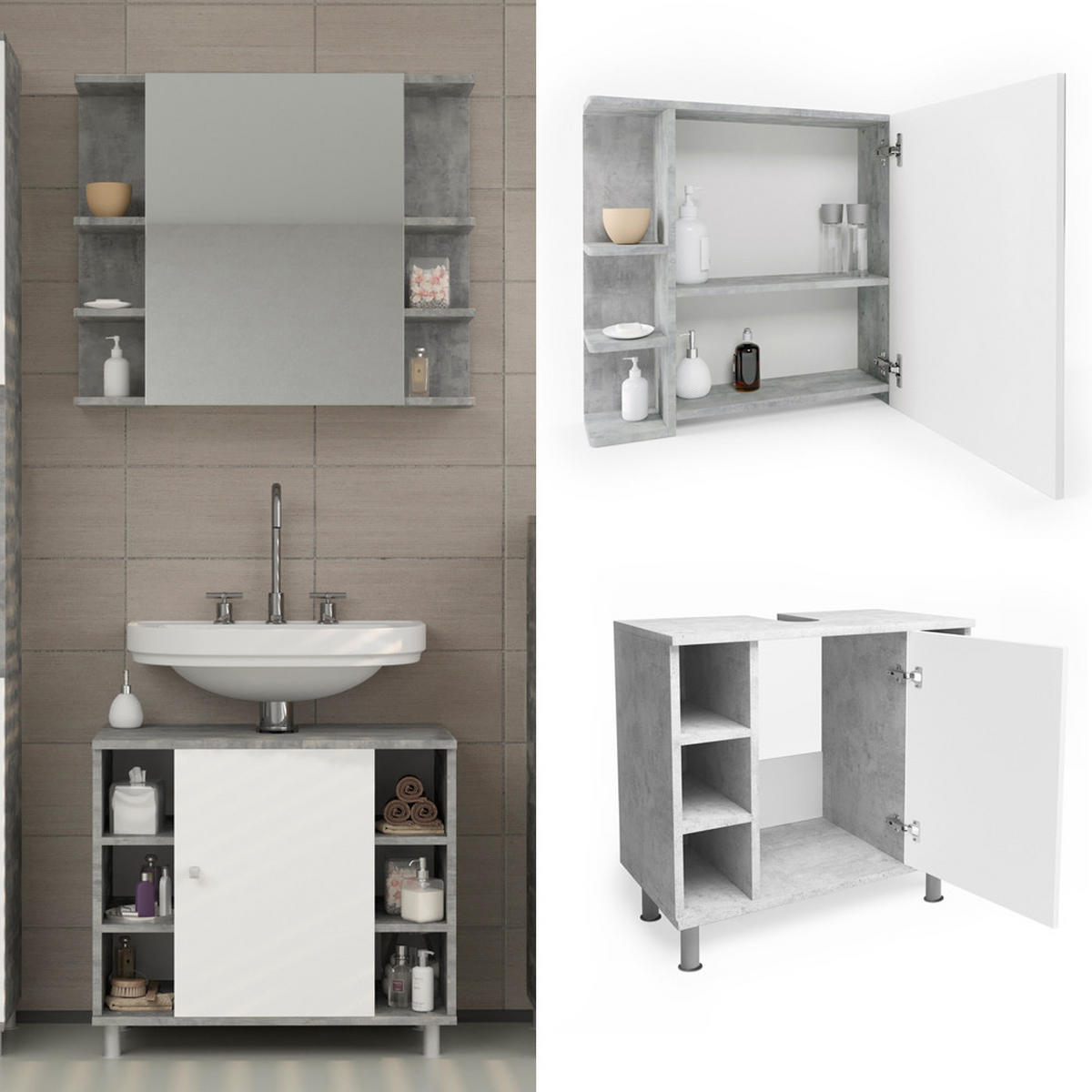 BADMÖBEL-SET Fynn Beton 2 Teile - Weiß/Grau, Holzwerkstoff (60/54/32cm) - Vicco