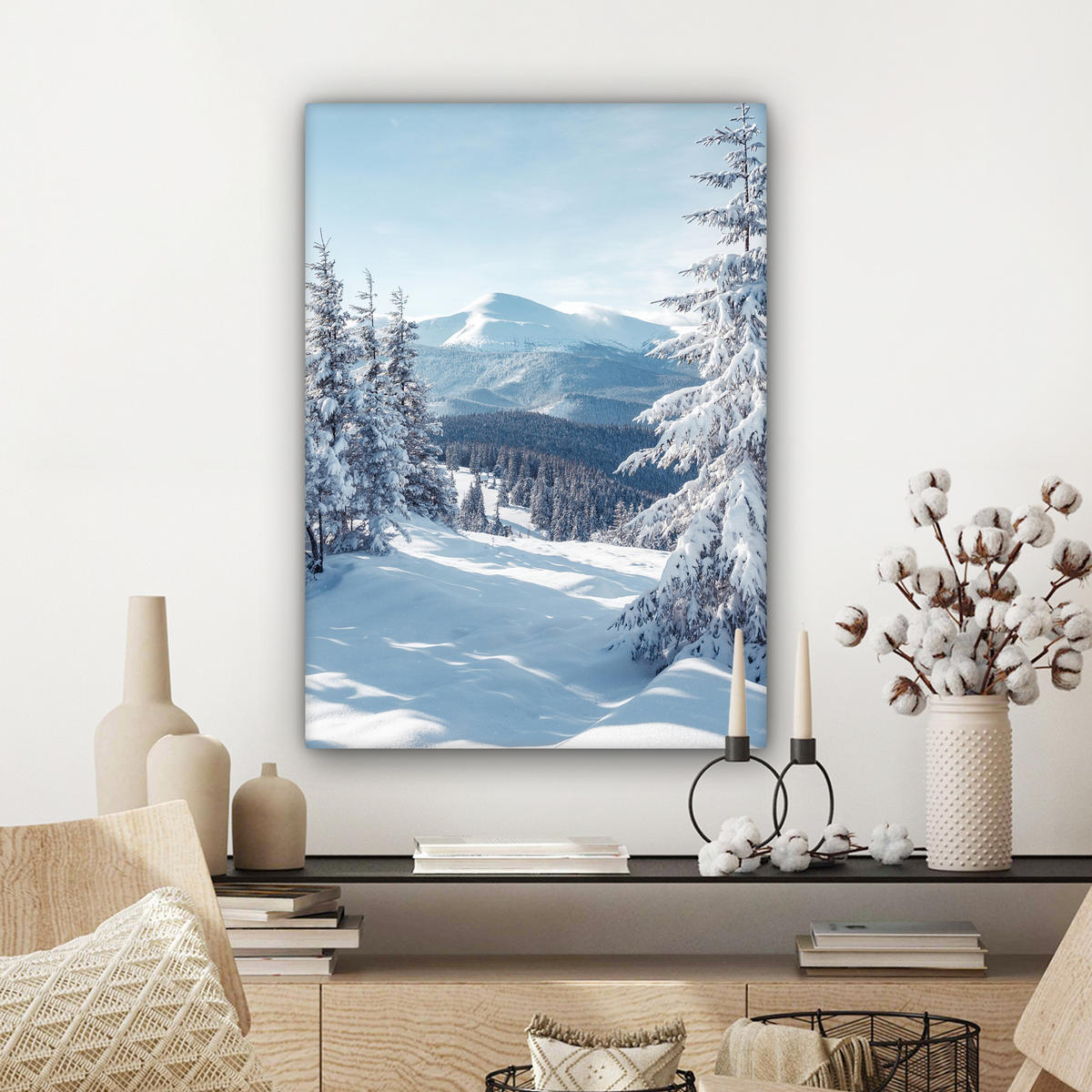 LEINWANDBILD Winterlandschaft - Natur - Berge - Bäume - Schnee 60x80 cm - Hellblau, Textil (60/80cm) - MuchoWow