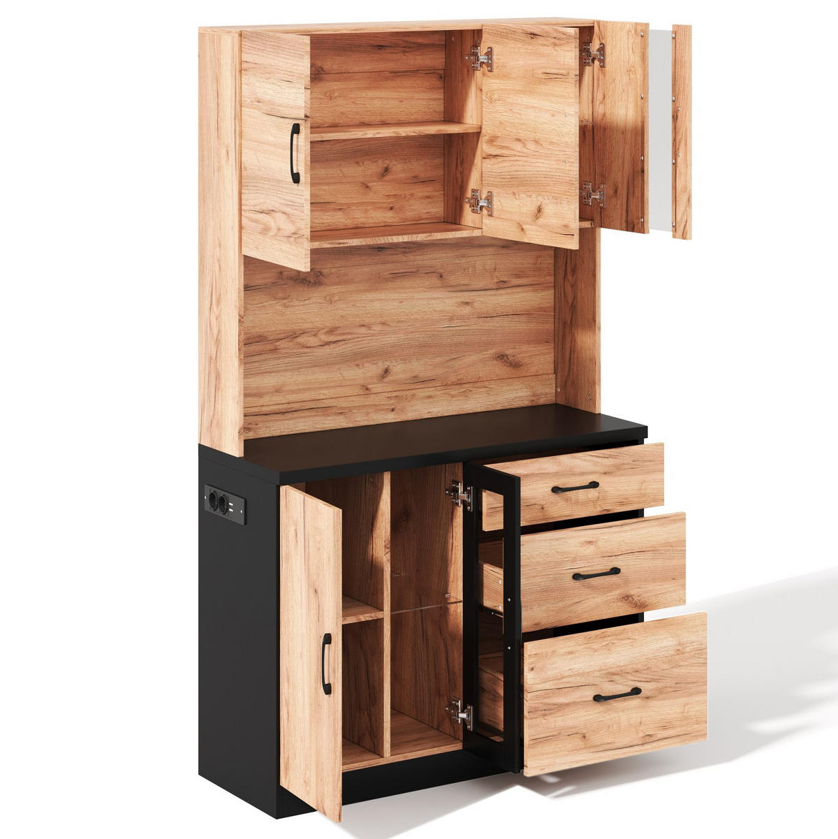 BUFFET aus MDF 105x40x180 cm in Holzoptik/Schwarz mit LED, USB, Steckdosen und verstellbaren Einlegeböden - Naturfarben, Holzwerkstoff (105/180/40cm) - Modfu