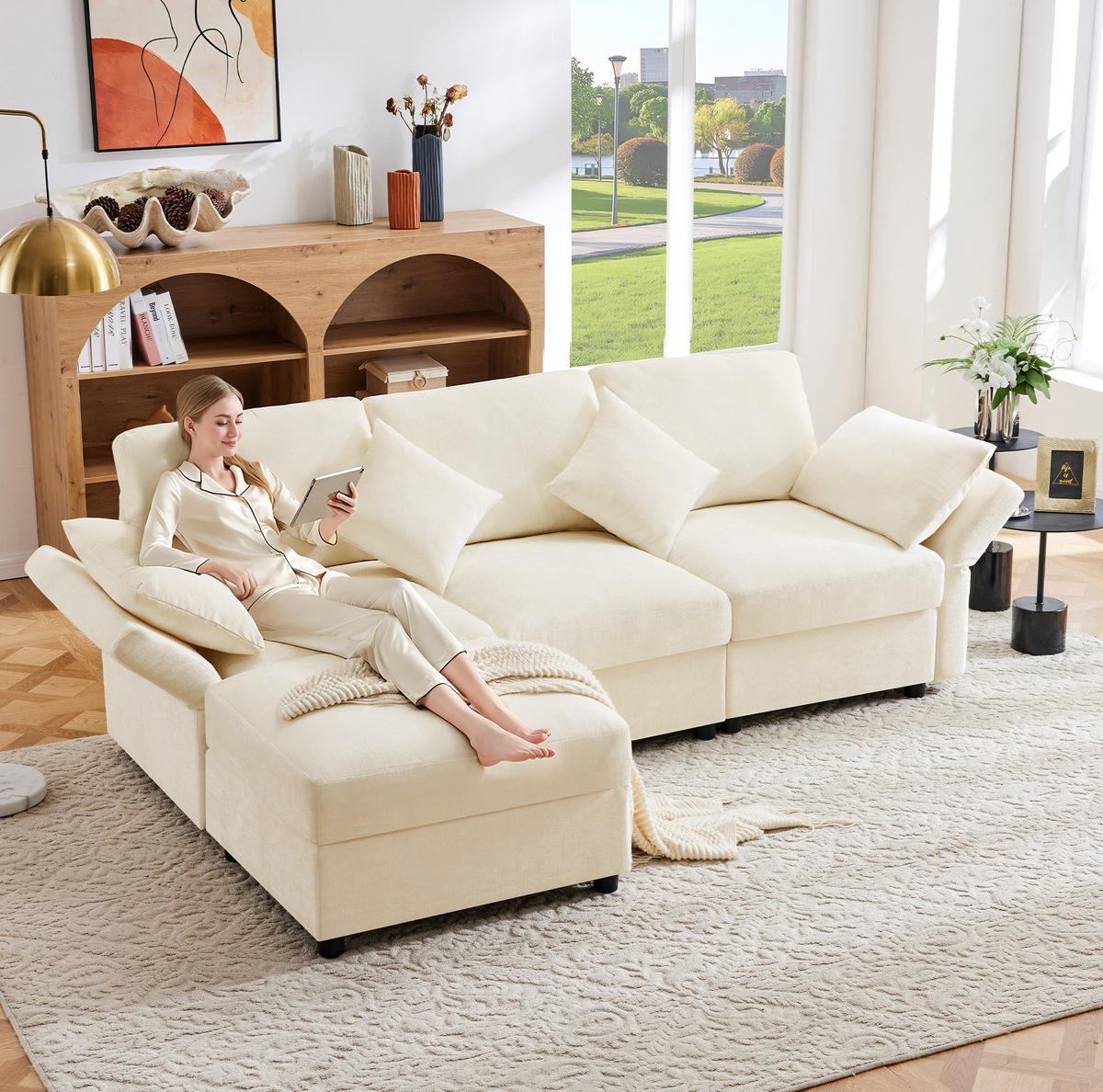 ECKSOFA, Chenille mit verstellbaren Armlehnen & Hocker, 218/156,5/86 cm, Beige - Beige, Textil (156.5/218cm) - Redom