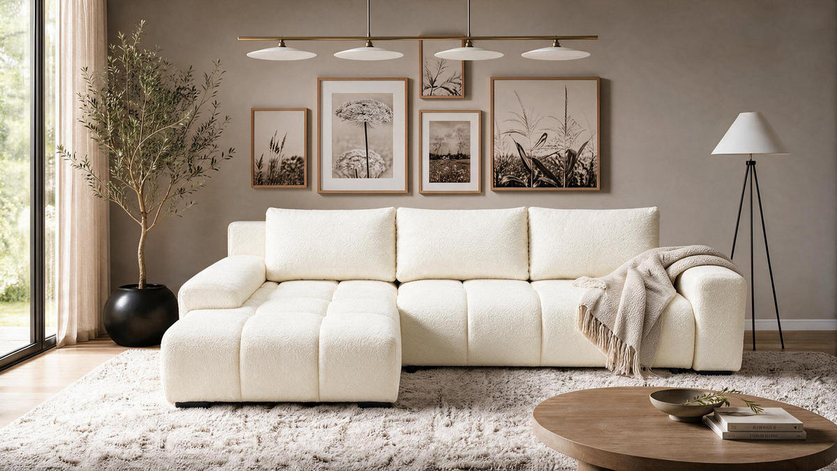 ECKSOFA Ovia mit Bettkasten und Schlaffunktion, Bouclé-Stoff in L-Form - Beige, Textil (270/185cm)