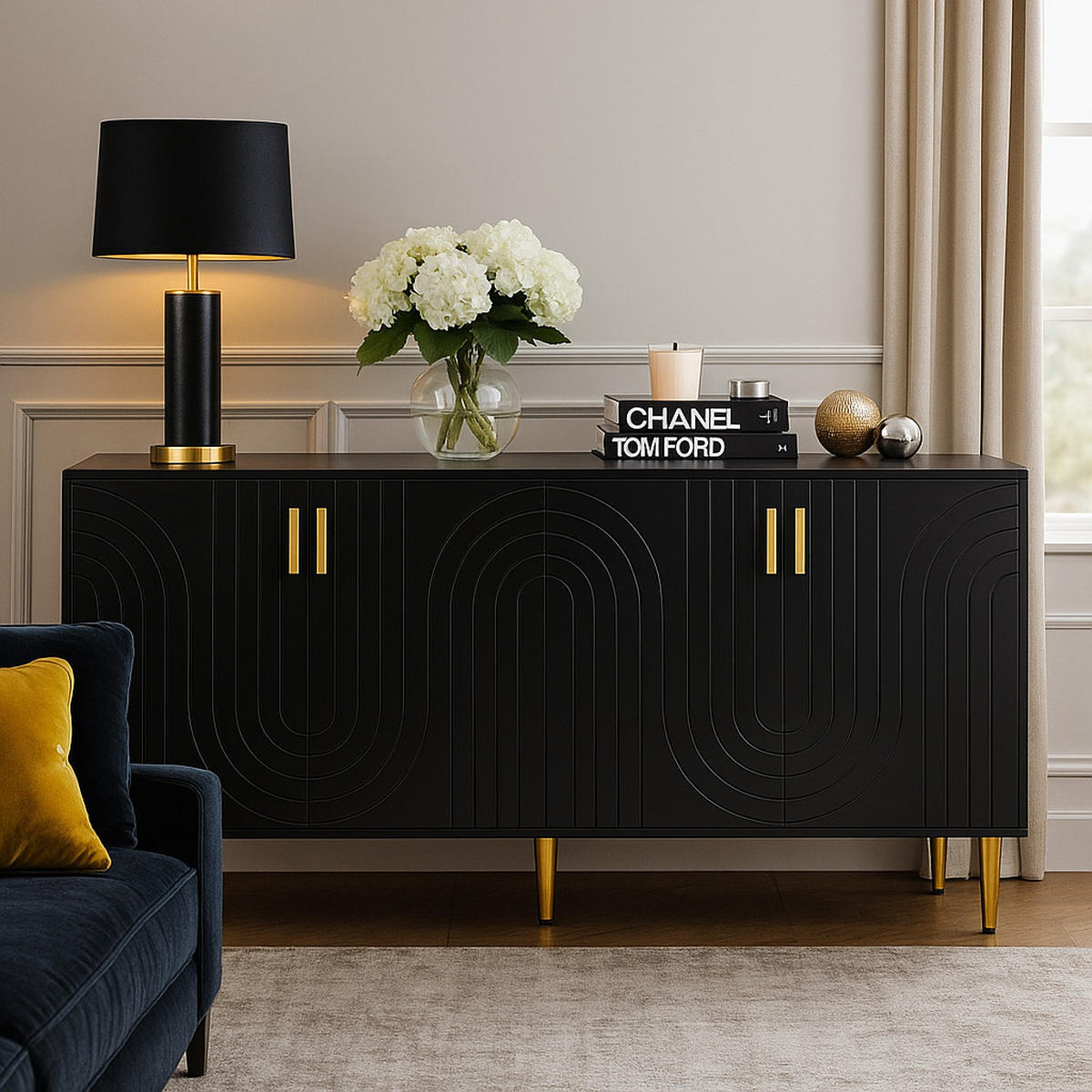 SIDEBOARD mit 3 Türen Schwarz mit Goldenen Akzenten - Schwarz, Holzwerkstoff/Metall (152/75/40cm) - Urban Meuble